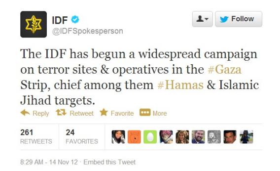 The Israeli Defense Forces tweeted during a military strike last November. (Credit: Slate)