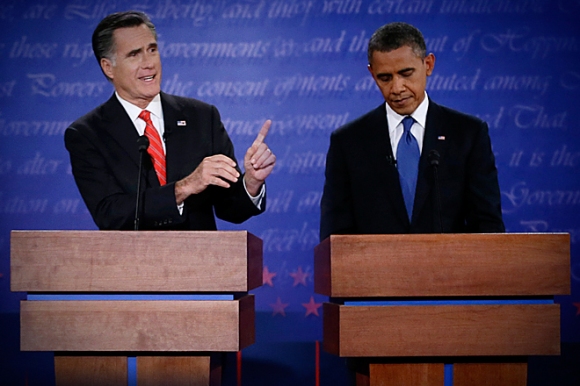 The first presidential debate between former Massachusetts Gov. Mitt Romney and President Barack Obama in Denver, 2012. (Credit: Salon.com) 