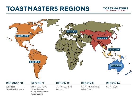 The 14 regions of Toastmasters International (Credit: Toastmasters International)