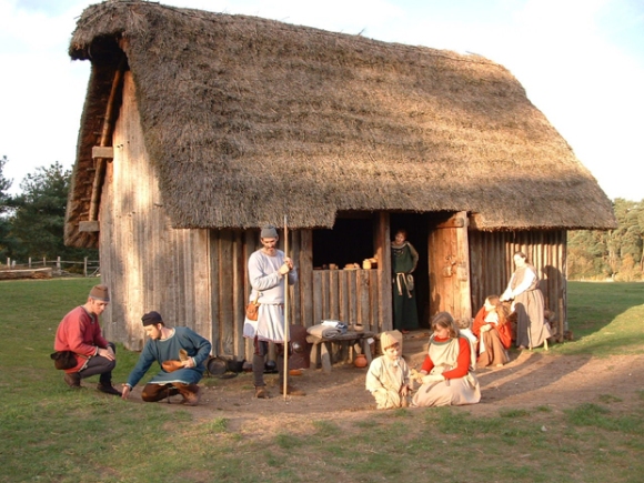 A reenactment of a home in an Anglo Saxon village. (Credit: BBC)