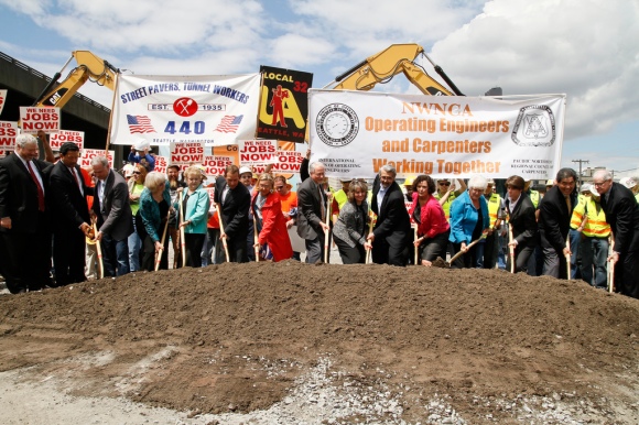 The groundbreaking ceremony at the State Route 99 South Holgate Street to South King Street Project in  June 2010. This project replaced the south end of State Route 99. (Credit: Washington State Department of Transportation)