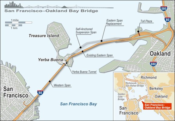 A diagram of the San Francisco-Oakland Bay Bridge Seismic Safety Safety Projects. (Credit: The San Francisco Citizen)