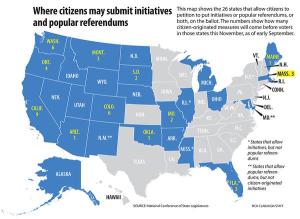 States that allow citizen's initiatives are shown in dark blue.  (Credit: csmonitor.com)