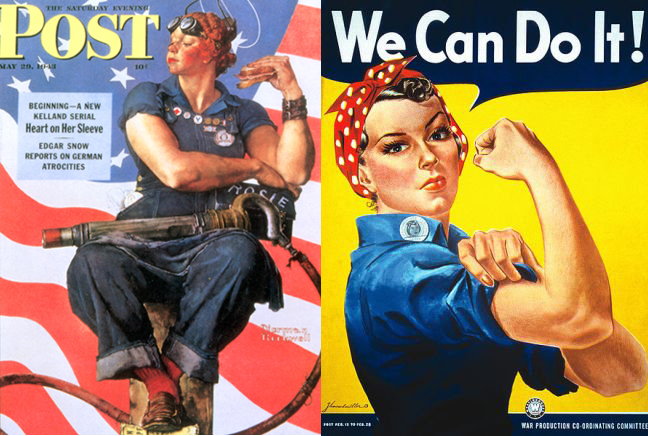 Norman Rockwell's "Rosie the Riveter" for Post Magazine (left) beside J. Howard Miller's "We Can Do It!" poster (right) commissioned by Westinghouse Company’s War Production Coordinating Committee. Credit: NationalWW2Museum.org