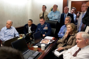 Members of the National Security Council react to an update they received about the mission against Osama Bin Ladin  on May 1, 2011. (Credit: HANDOUT / Reuters)